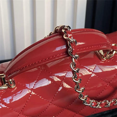 Chanel Mini Flap Bag With Top Handle Patent Calfskin Gold Tone Metal Red AS2431