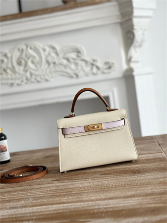 Hermes Kelly Mini II Bag Epsom Leather Craie/Mauve Pale/Gold  HS