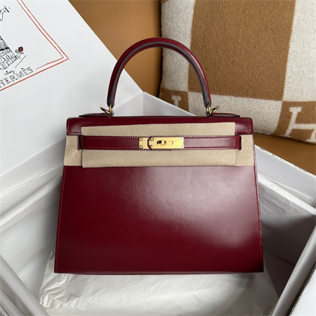 Kelly Sellier Bag Box Leather 25/28CM Gold/Silver Hardware Burgundy HS Customized