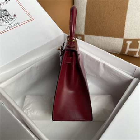 Kelly Sellier Bag Box Leather 25/28CM Gold/Silver Hardware Burgundy HS Customized