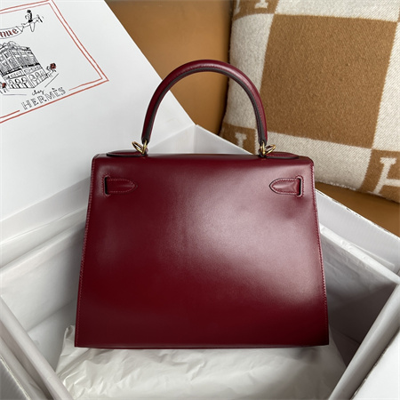 Kelly Sellier Bag Box Leather 25/28CM Gold/Silver Hardware Burgundy HS Customized