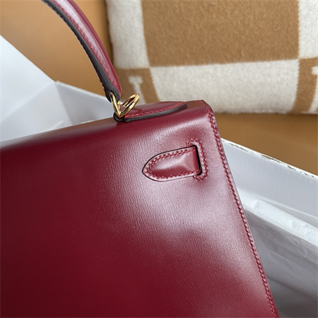 Kelly Sellier Bag Box Leather 25/28CM Gold/Silver Hardware Burgundy HS Customized