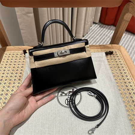 Hermes Kelly Mini II Bag Box Leather Gold/Silver Tone Metal Black HS