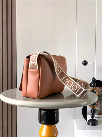 Loewe XS Military messenger bag in supple smooth calfskin and jacquard Hunter Brown