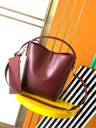 Y.S.L LE 37 In Shiny Leather Burgundy Bucket Bag