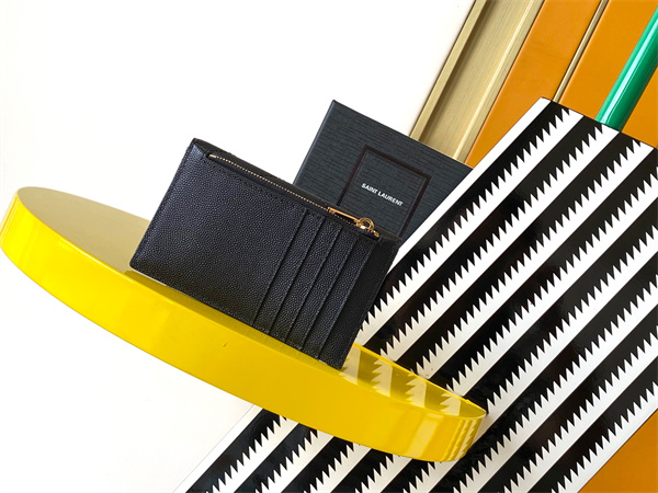 Y.S.L CASSANDRE MATELASS?? FRAGMENTS FLAP CARD CASE IN GRAIN DE POUDRE LEATHER Gold Tone Metal Black