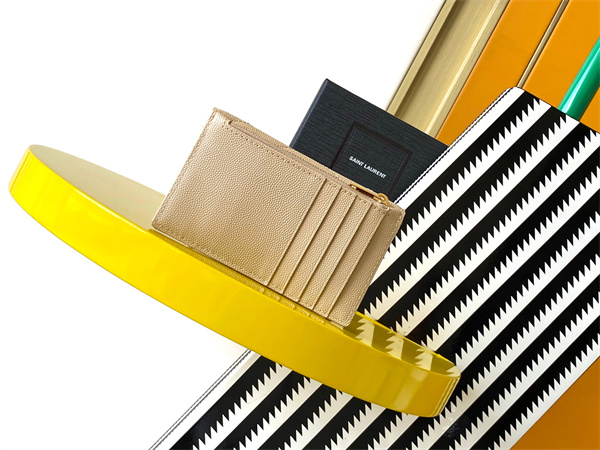 Y.S.L CASSANDRE MATELASS?? FRAGMENTS FLAP CARD CASE IN GRAIN DE POUDRE LEATHER Gold Tone Metal Beige