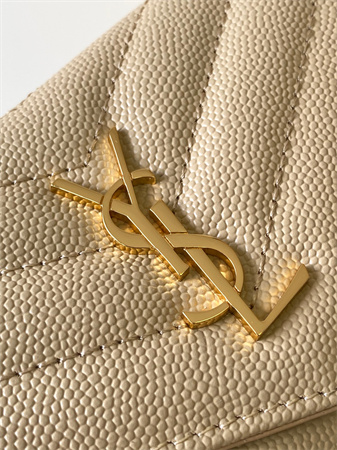 Y.S.L CASSANDRE MATELASS?? FRAGMENTS FLAP CARD CASE IN GRAIN DE POUDRE LEATHER Gold Tone Metal Beige