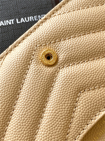 Y.S.L CASSANDRE MATELASS?? FRAGMENTS FLAP CARD CASE IN GRAIN DE POUDRE LEATHER Gold Tone Metal Beige