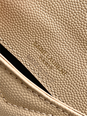 Y.S.L CASSANDRE MATELASS?? FRAGMENTS FLAP CARD CASE IN GRAIN DE POUDRE LEATHER Gold Tone Metal Beige