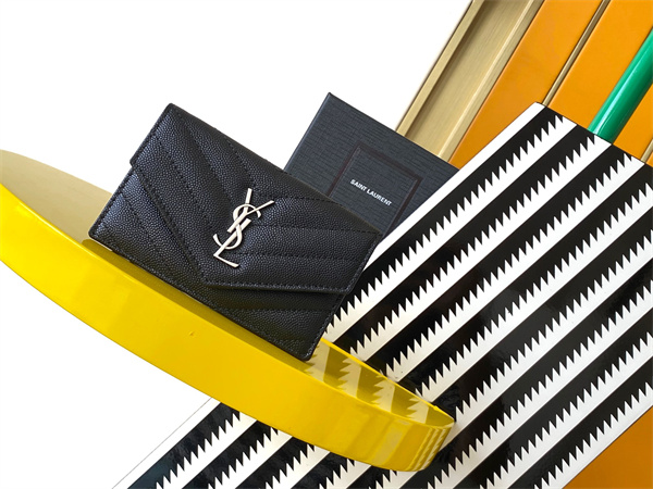 Y.S.L CASSANDRE MATELASS?? FRAGMENTS FLAP CARD CASE IN GRAIN DE POUDRE LEATHER Silver Tone Metal Black