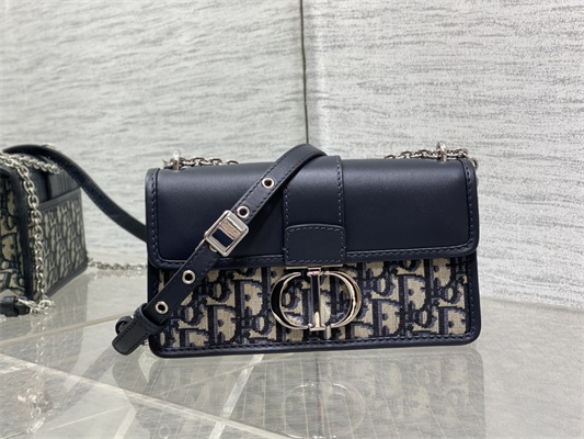 CD 30 Montaigne East-West Bag With Chain Blue Oblique Jacquard & Leather