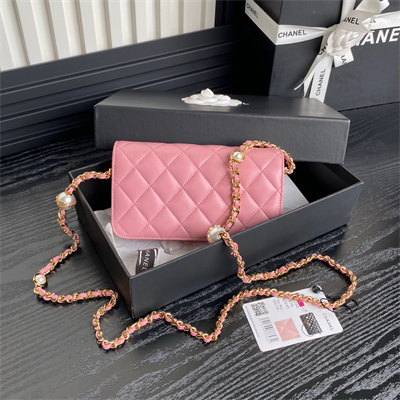 Chanel Flap Phone Holder with Chain Shiny Lambskin, Imitation Pearls & Gold-Tone Metal Pink AP4284
