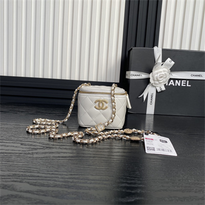 Chanel Small Vanity with Chain Lambskin, Strass & Gold-Tone Metal White AP4302