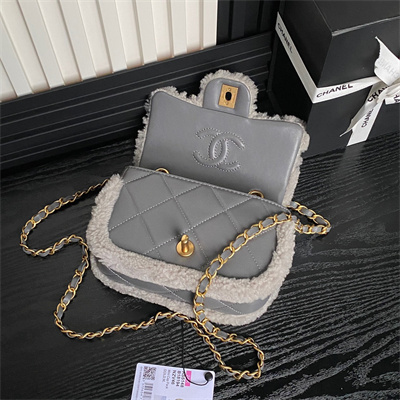Chanel Mini Flap Bag Shearling Lambskin & Gold-Tone Metal Grey AS5148