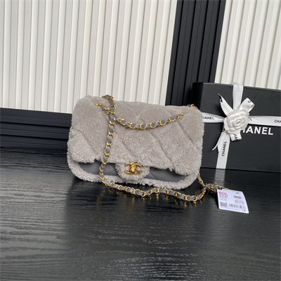 Chanel Flap Bag Shearling Lambskin & Gold-Tone Metal Grey AS5149