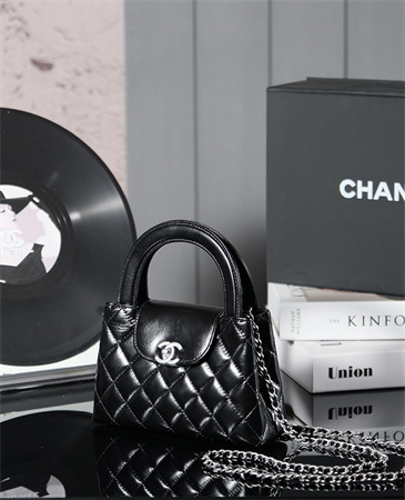 Cha.nel Mini Shopping Bag Kelly Bag Shiny Aged Calfskin Silver-Tone Metal Black AS4416