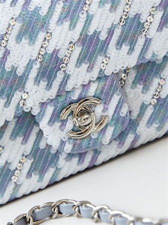 Cha.nel Mini Classic Handbag Sequins and Silver Tone Metal Grey,White &Gold A69900