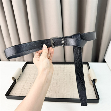 YSL Belts In Grained Leather 30MM Silver Hardware Black
