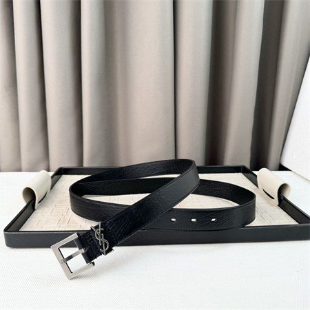 YSL Belts In Grained Leather 30MM Silver Hardware Black