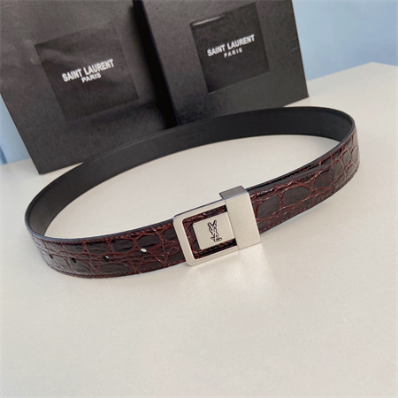 YSL Belts In Crocodile Embossed Leather 30MM Silver Hardware Burgundy