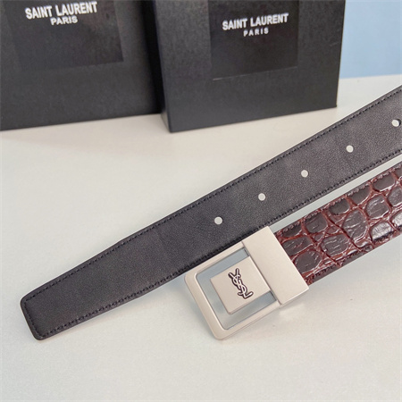 YSL Belts In Crocodile Embossed Leather 30MM Silver Hardware Burgundy