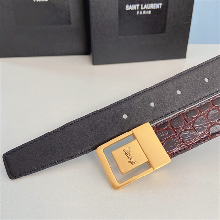 YSL Belts In Crocodile Embossed Leather 30MM Gold Hardware Burgundy