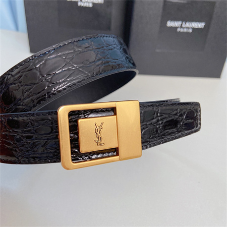 YSL Belts In Crocodile Embossed Leather 30MM Gold Hardware Black