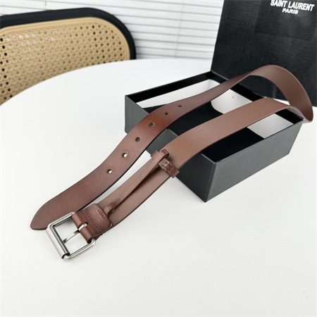 YSL Belts In Leather 35MM Silver Hardware Brown