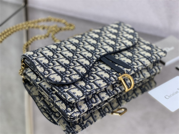 CD Saddle Pouch With Chain Blue Dior Oblique Jacquard