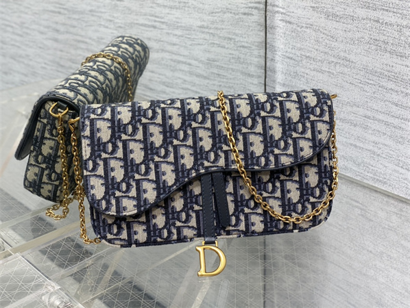 CD Saddle Pouch With Chain Blue Dior Oblique Jacquard