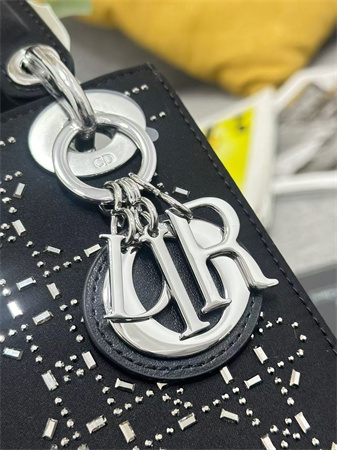CD Mini Lady Dior Bag Satin With Crystal Cannage Silver Tone Metal Black