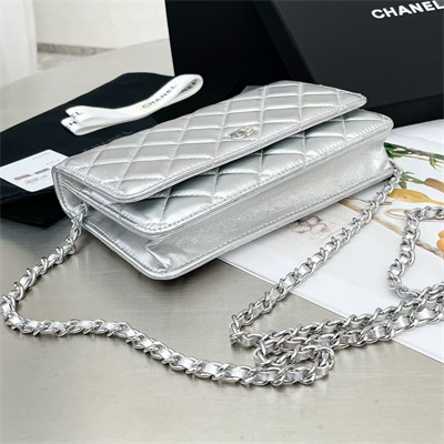 Chanel Wallet On Chain Lambskin Silver Tone Metal Silver AP0250