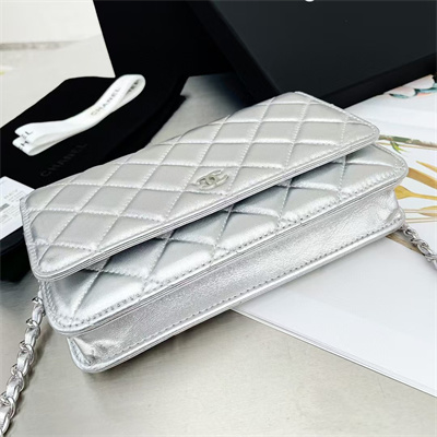 Chanel Wallet On Chain Lambskin Silver Tone Metal Silver AP0250