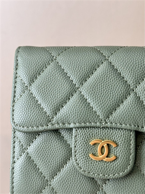 Chanel Small Flap Wallet Tri-Fold Grained Calfskin Gold Tone Metal Green A82288