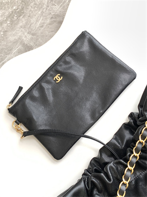 Cha.nel 22 Medium Handbag Grained Calfskin Gold Tone Metal Black AS3261