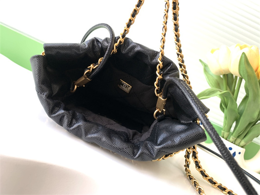 Cha.nel 22 Mini Handbag Grained Calfskin Gold Tone Metal Black AS3980