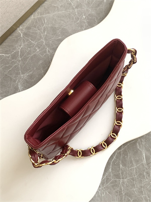 Cha.nel Hobo Handbag Lambskin & Gold-Tone Metal Burgundy AS5177