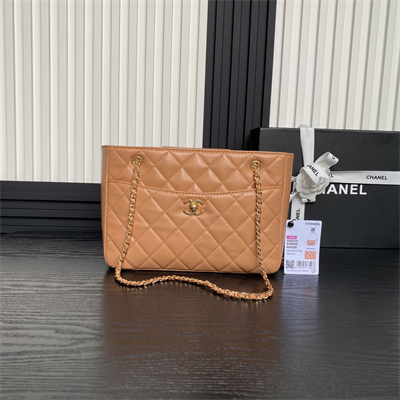 Cha.nel Small Tote Shiny Lambskin & Gold-Tone Metal Brown AS5215