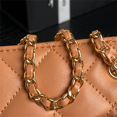 Cha.nel Small Tote Shiny Lambskin & Gold-Tone Metal Brown AS5215