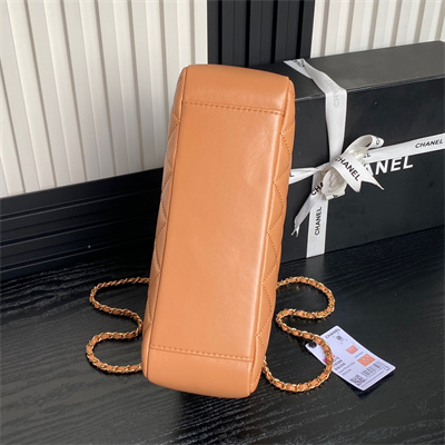 Cha.nel Small Tote Shiny Lambskin & Gold-Tone Metal Brown AS5215