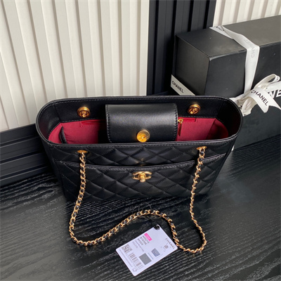 Cha.nel Small Tote Shiny Lambskin & Gold-Tone Metal Black AS5215