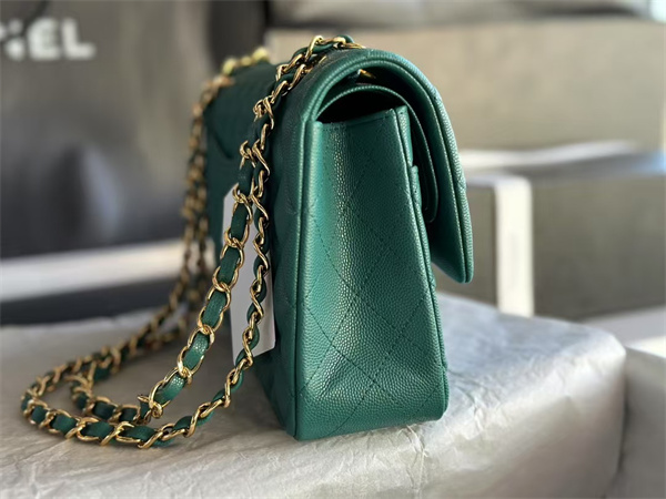 Chanel Medium Classic Flap Bag Grained Calfskin Gold Tone Metal Green 01112