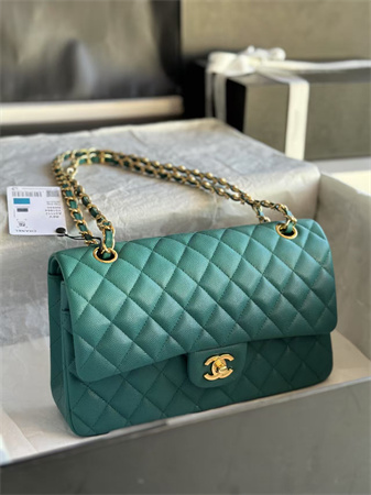 Chanel Medium Classic Flap Bag Grained Calfskin Gold Tone Metal Green 01112