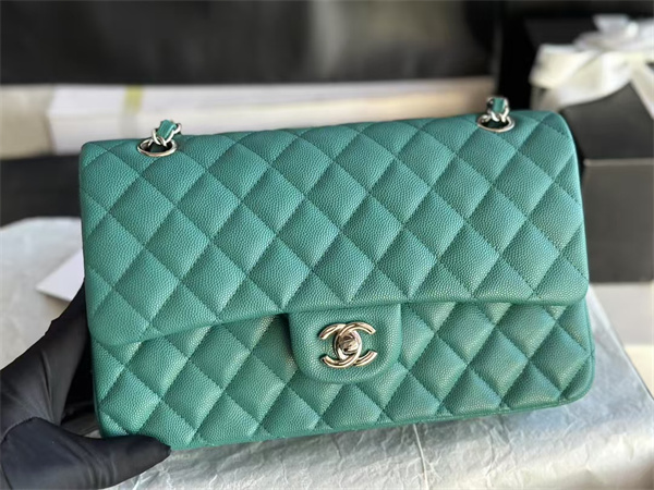 Chanel Medium Classic Flap Bag Grained Calfskin Silver Tone Metal Green 01112