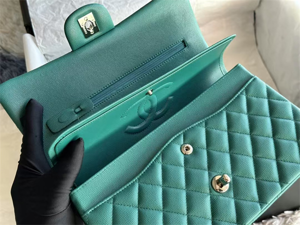 Chanel Medium Classic Flap Bag Grained Calfskin Silver Tone Metal Green 01112