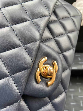 Chanel Medium Classic Flap Bag Lambskin Gold Tone Metal Navy 01112