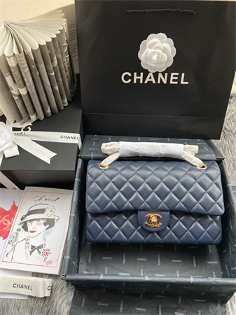 Chanel Medium Classic Flap Bag Lambskin Gold Tone Metal Navy 01112