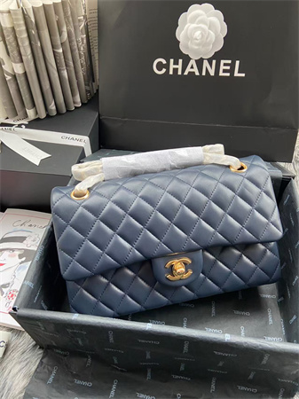 Chanel Medium Classic Flap Bag Lambskin Gold Tone Metal Navy 01112