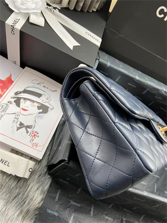 Chanel Medium Classic Flap Bag Lambskin Gold Tone Metal Navy 01112